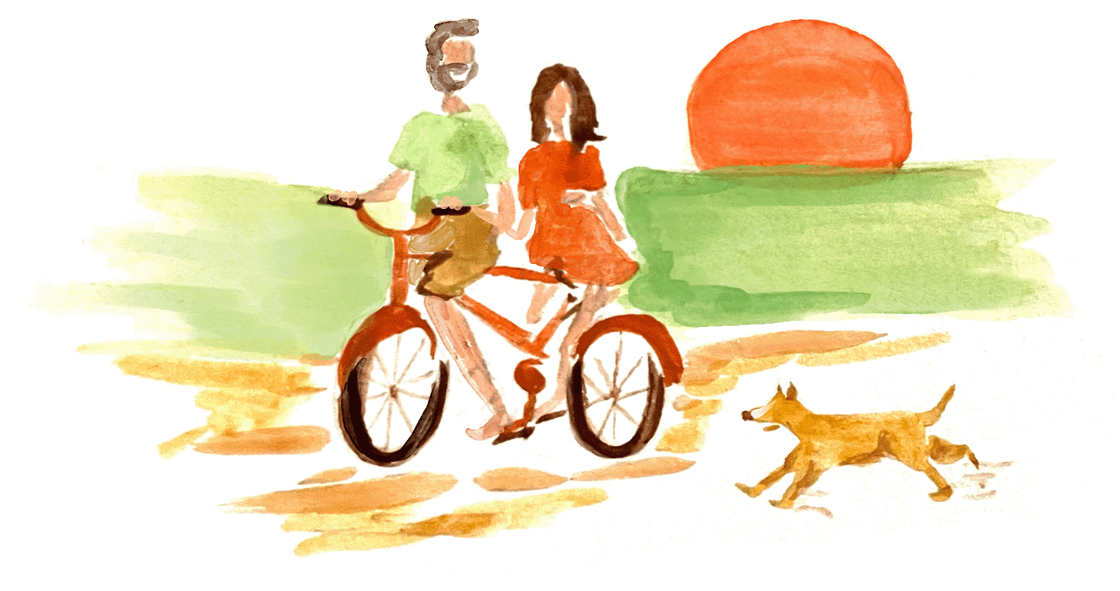 Desenho do casal andando de bicicleta acompanhado de cachorro.